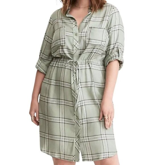 TORRID Olive Plaid Drawstring Waist Button Down Roll Tab Shirt Dress Medium - Picture 1 of 10